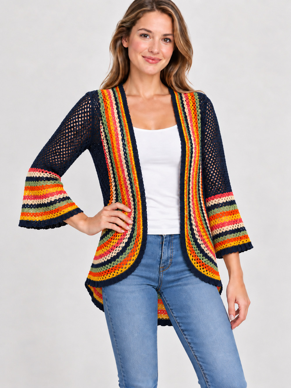 Absolutely Famous Medium Navy Rainbow Crochet Cardigan Open Front Bell Sleeve